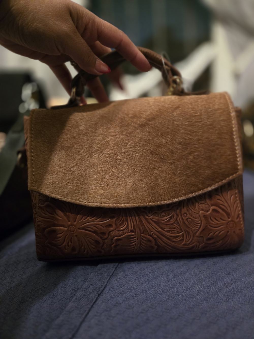 Mexican Leather Artisanal Bag Hand-Carved Floral Top-Handle Handbag in Brown